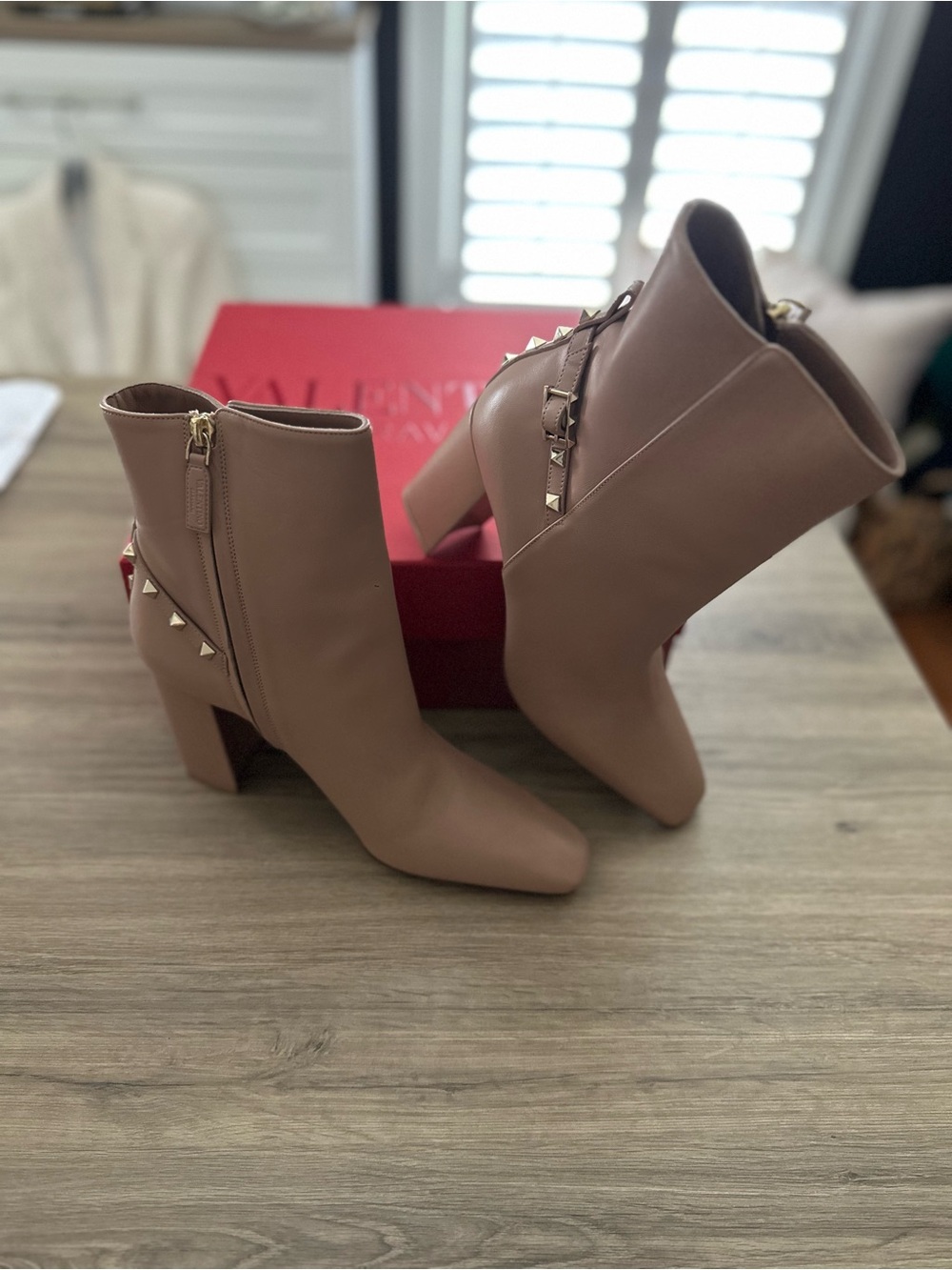 Valentino Garavani Taupe Leather Studded Block Heel Ankle Boots